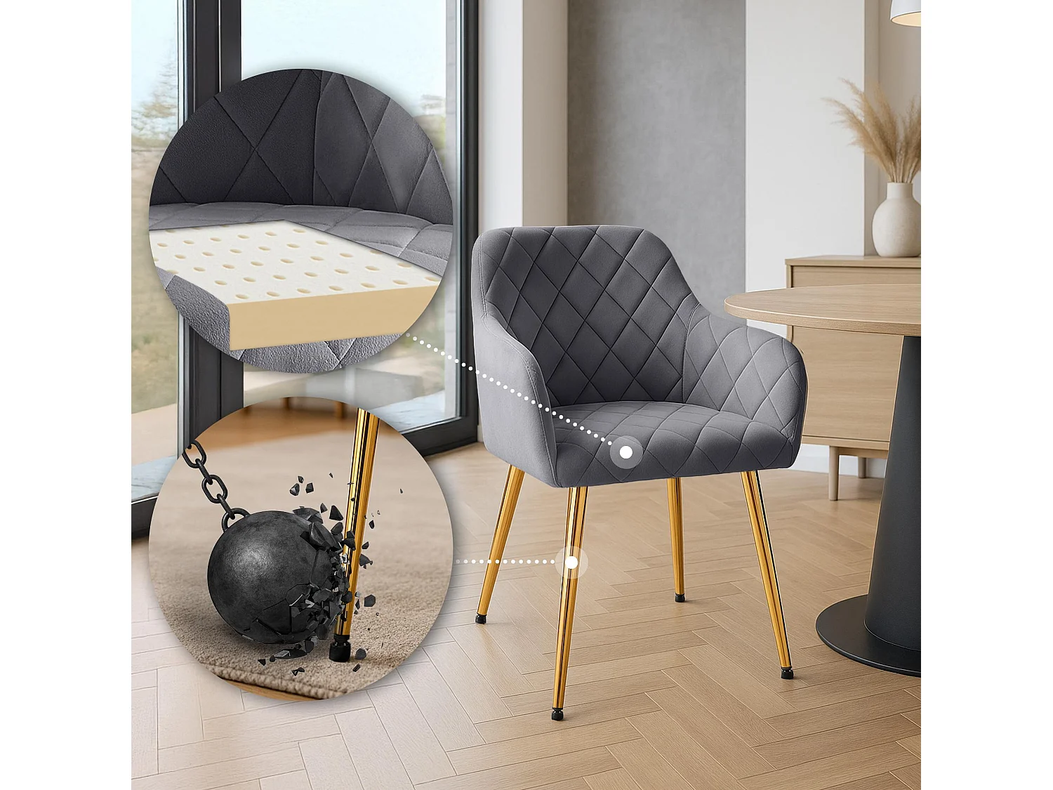 Lot de 2  chaises avec accoudoirs - Velours - Gris foncé - Monett