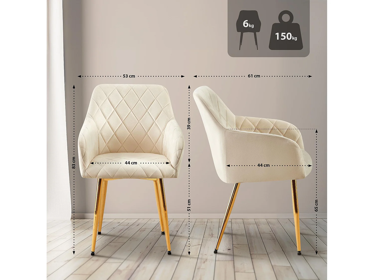 Lot de 2  chaises avec accoudoirs - Velours - Crème - Monett