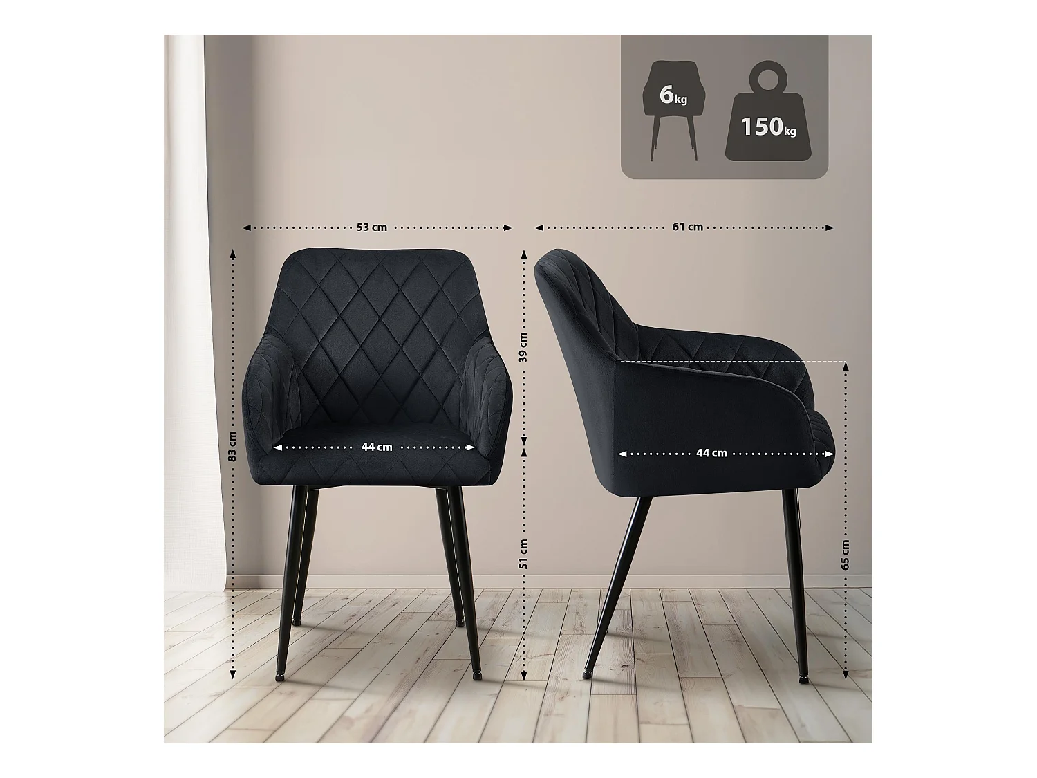 Lot de 2  chaises avec accoudoirs - Velours - Noir - Monett