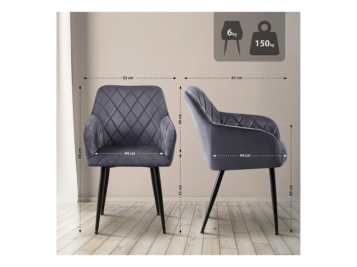 Lot de 2  chaises avec accoudoirs - Velours - Gris foncé - Monett