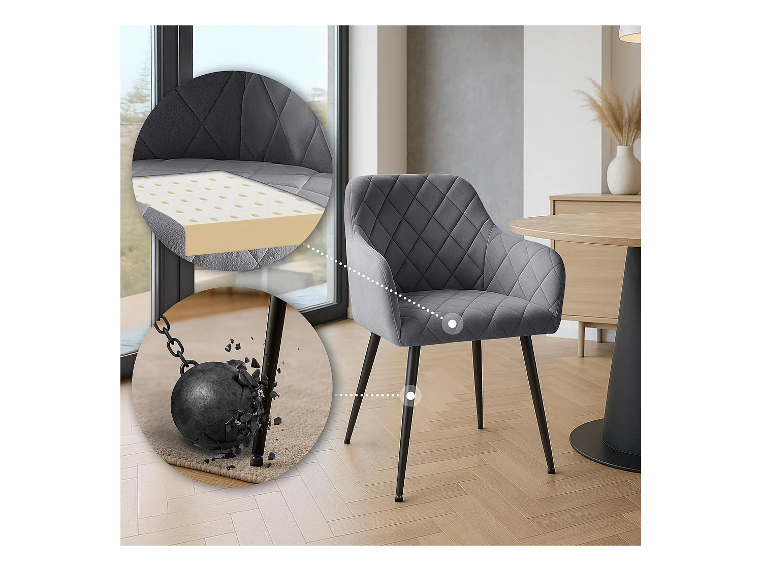 Lot de 2  chaises avec accoudoirs - Velours - Gris foncé - Monett