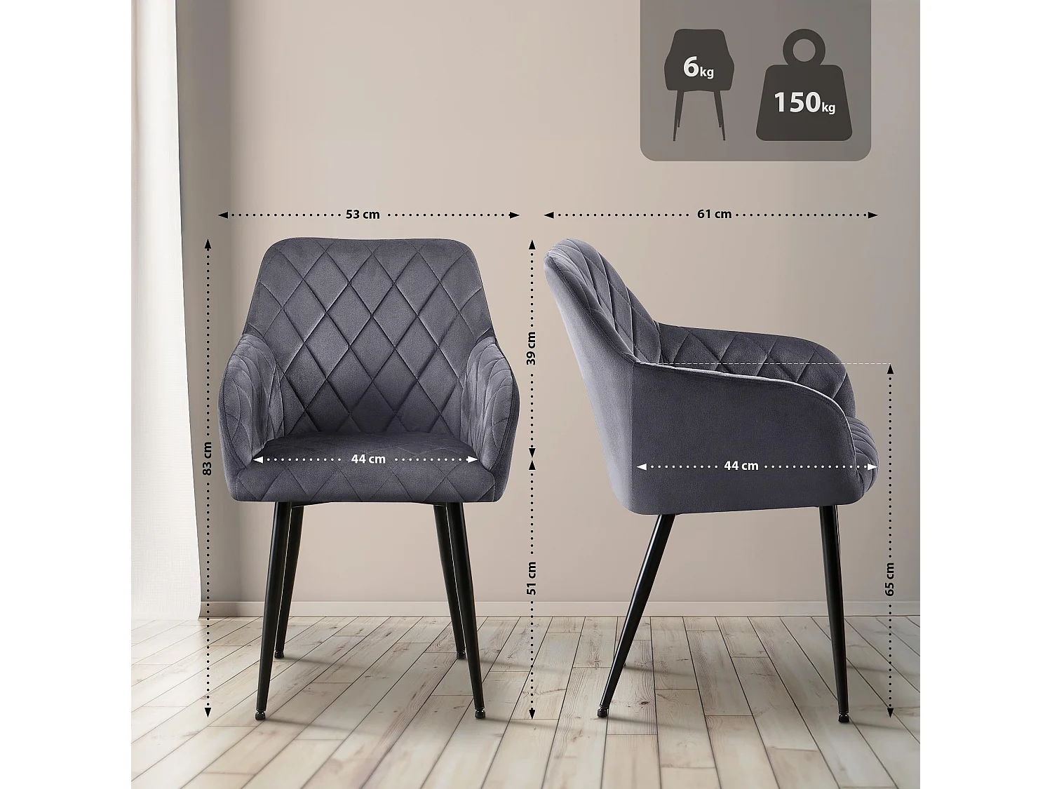 Lot de 2  chaises avec accoudoirs - Velours - Gris foncé - Monett