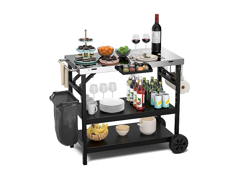 Grilltafel met 3 planken, grillwagen, telefoonstandaard, kruidenrek, handdoekhouder, zakdoekhouder en haken, outdoor serveerwagen bijzettafel ZB32034
