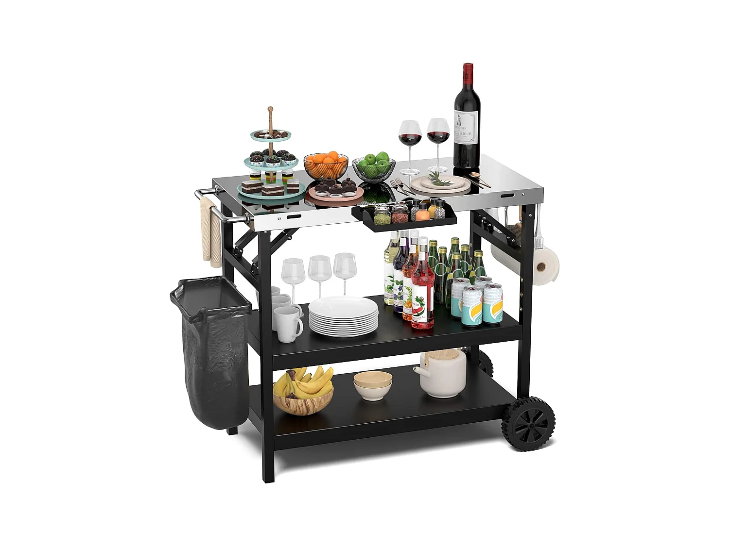 Grilltafel met 3 planken, grillwagen, telefoonstandaard, kruidenrek, handdoekhouder, zakdoekhouder en haken, outdoor serveerwagen bijzettafel ZB32034