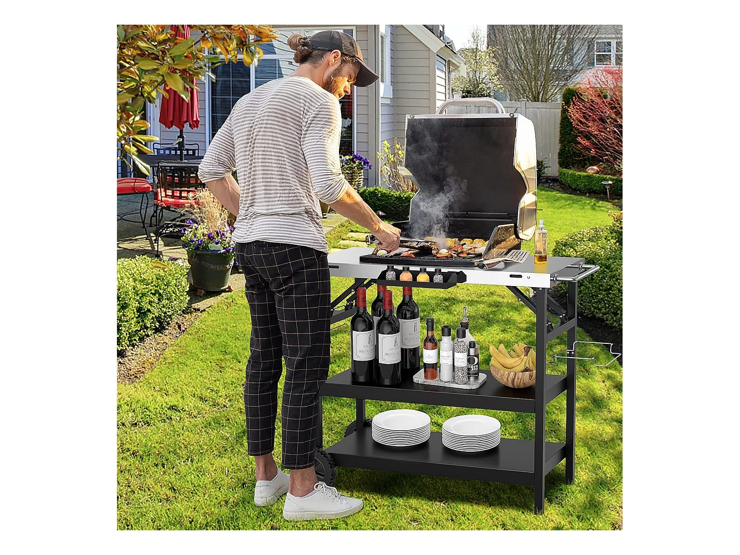 Grilltafel met 3 planken, grillwagen, telefoonstandaard, kruidenrek, handdoekhouder, zakdoekhouder en haken, outdoor serveerwagen bijzettafel ZB32034