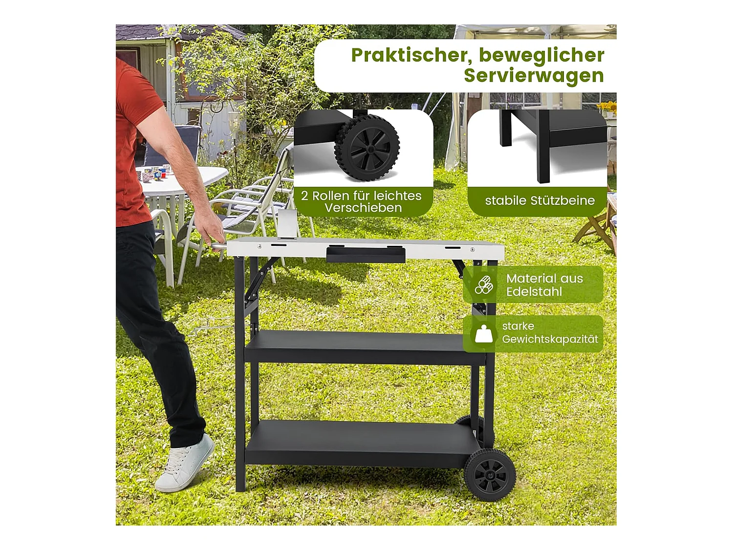 Grilltafel met 3 planken, grillwagen, telefoonstandaard, kruidenrek, handdoekhouder, zakdoekhouder en haken, outdoor serveerwagen bijzettafel ZB32034