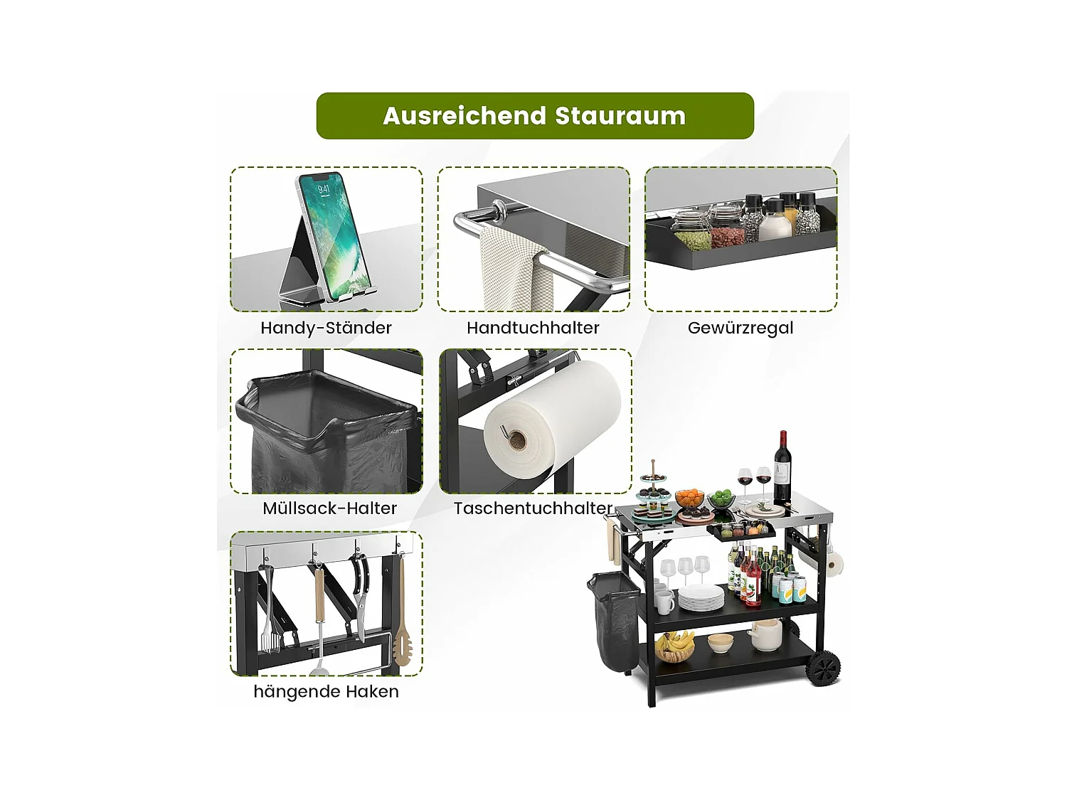 Grilltafel met 3 planken, grillwagen, telefoonstandaard, kruidenrek, handdoekhouder, zakdoekhouder en haken, outdoor serveerwagen bijzettafel ZB32034