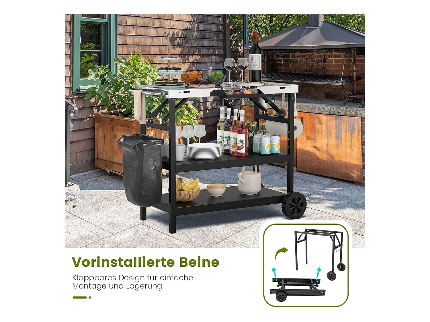 Grilltafel met 3 planken, grillwagen, telefoonstandaard, kruidenrek, handdoekhouder, zakdoekhouder en haken, outdoor serveerwagen bijzettafel ZB32034