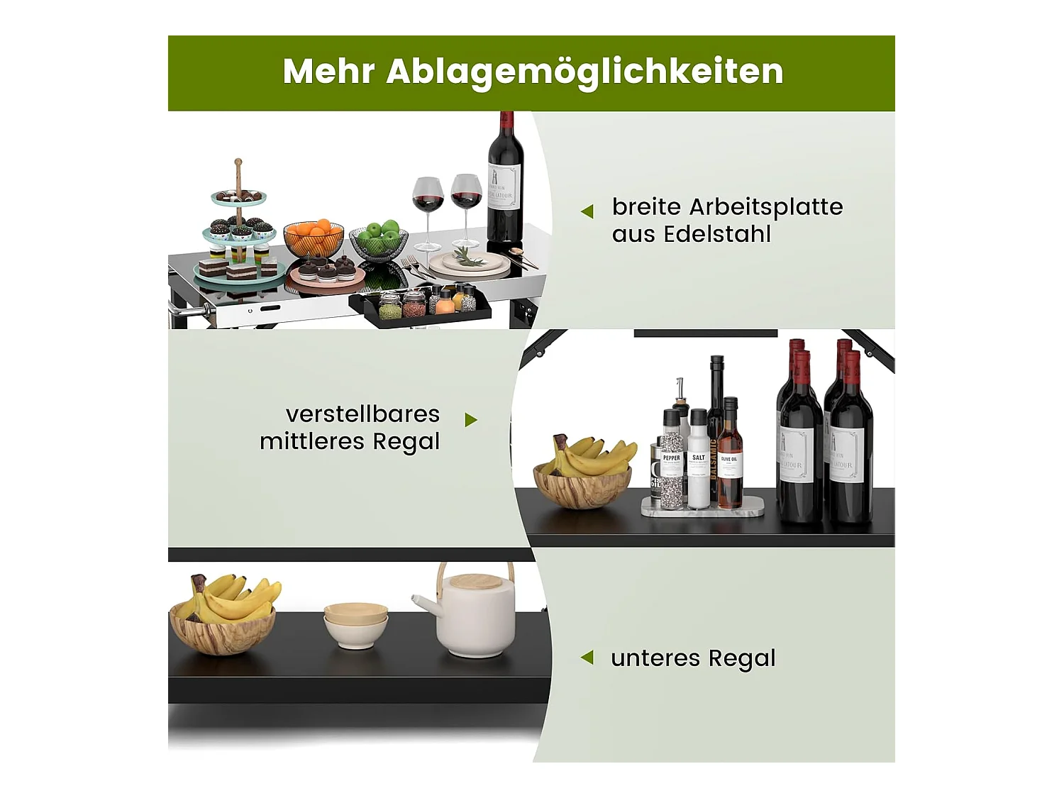 Grilltafel met 3 planken, grillwagen, telefoonstandaard, kruidenrek, handdoekhouder, zakdoekhouder en haken, outdoor serveerwagen bijzettafel ZB32034