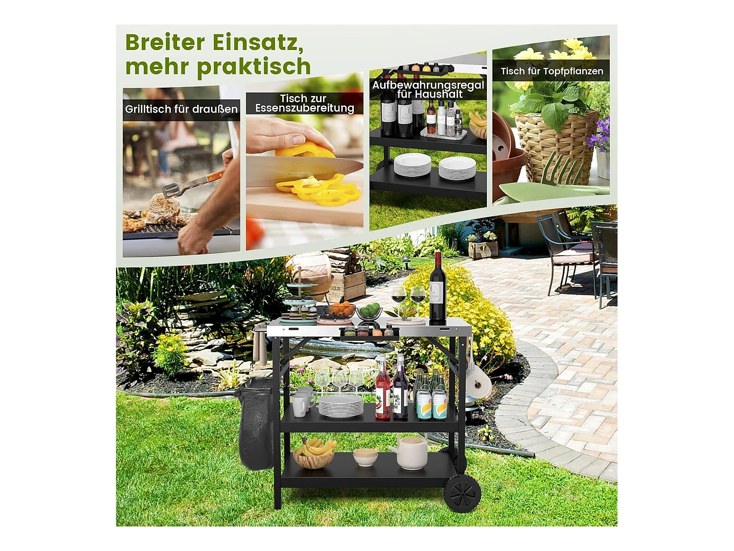 Grilltafel met 3 planken, grillwagen, telefoonstandaard, kruidenrek, handdoekhouder, zakdoekhouder en haken, outdoor serveerwagen bijzettafel ZB32034