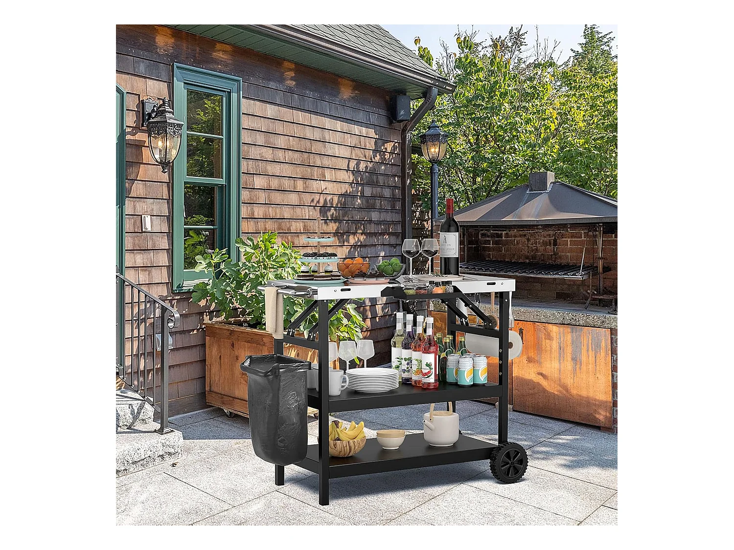 Grilltafel met 3 planken, grillwagen, telefoonstandaard, kruidenrek, handdoekhouder, zakdoekhouder en haken, outdoor serveerwagen bijzettafel ZB32034