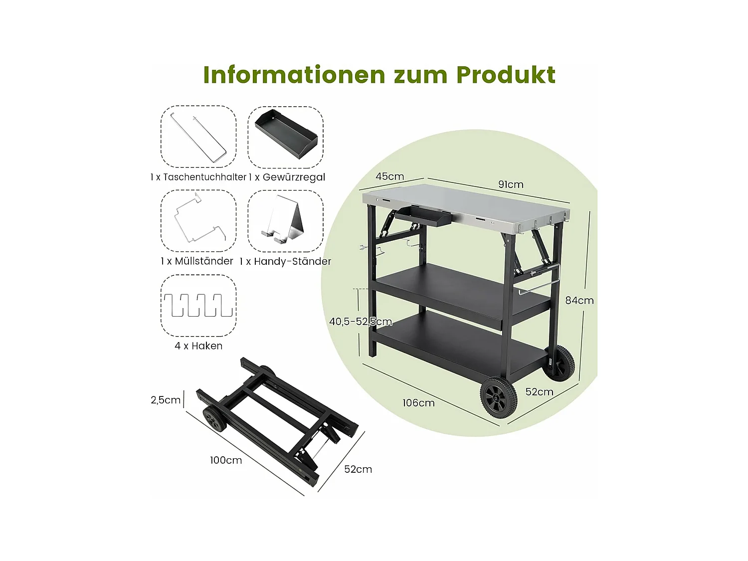 Grilltafel met 3 planken, grillwagen, telefoonstandaard, kruidenrek, handdoekhouder, zakdoekhouder en haken, outdoor serveerwagen bijzettafel ZB32034