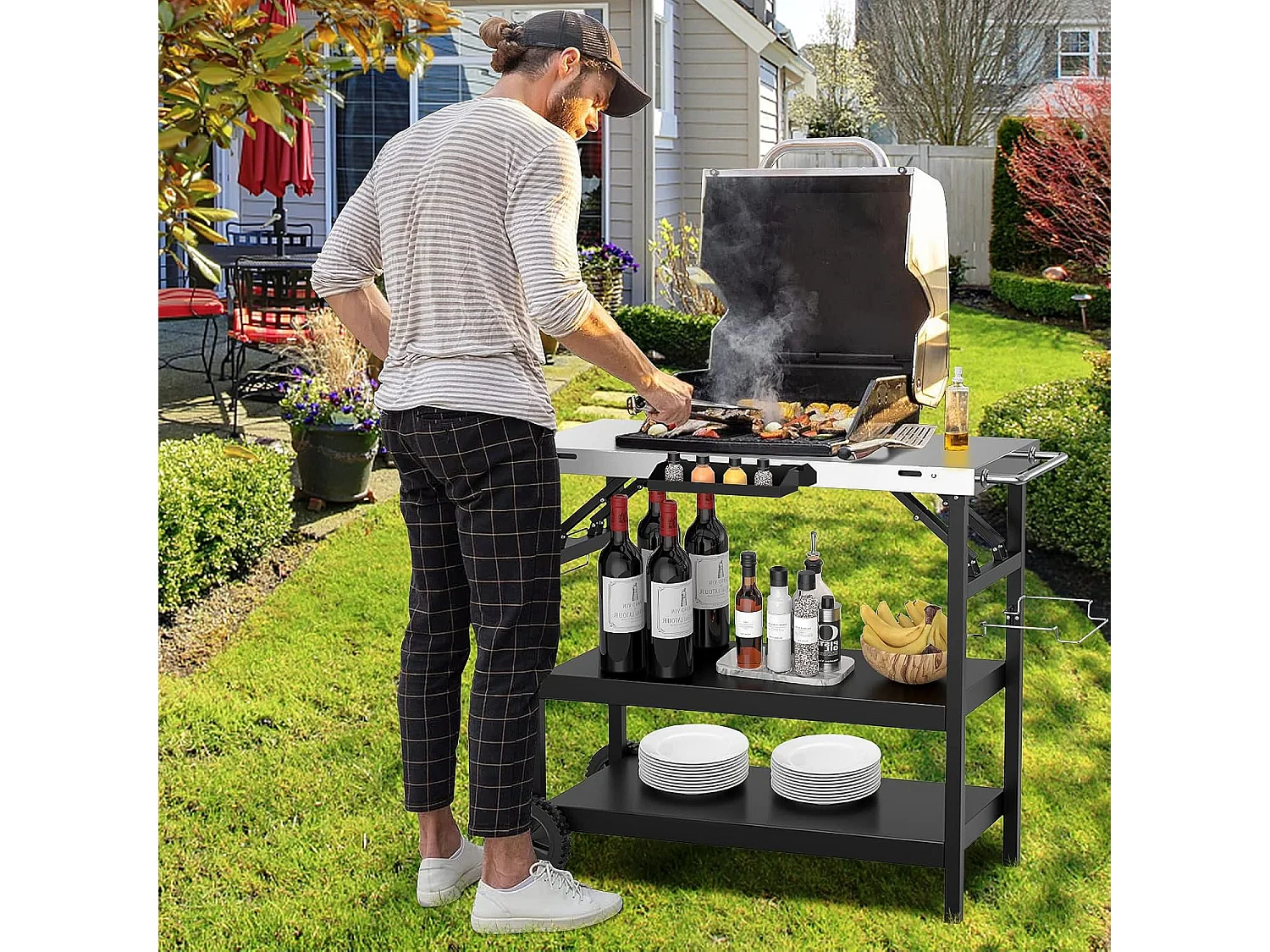 Grilltafel met 3 planken, grillwagen, telefoonstandaard, kruidenrek, handdoekhouder, zakdoekhouder en haken, outdoor serveerwagen bijzettafel ZB32034