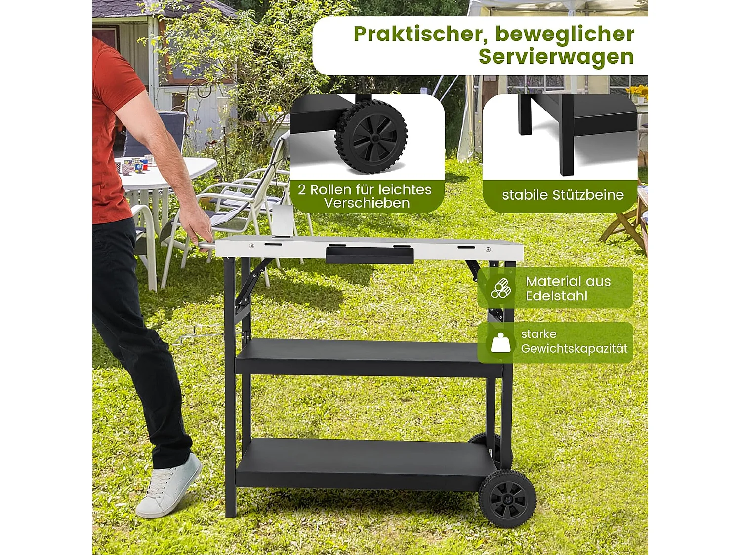 Grilltafel met 3 planken, grillwagen, telefoonstandaard, kruidenrek, handdoekhouder, zakdoekhouder en haken, outdoor serveerwagen bijzettafel ZB32034