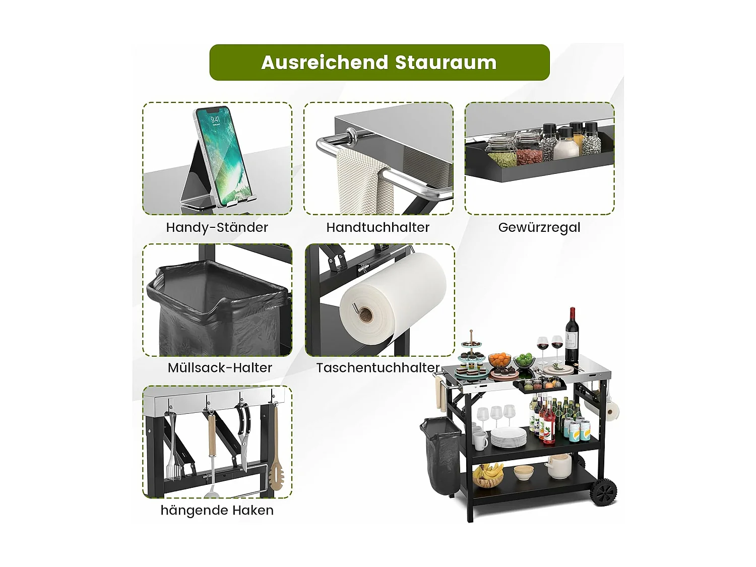 Grilltafel met 3 planken, grillwagen, telefoonstandaard, kruidenrek, handdoekhouder, zakdoekhouder en haken, outdoor serveerwagen bijzettafel ZB32034