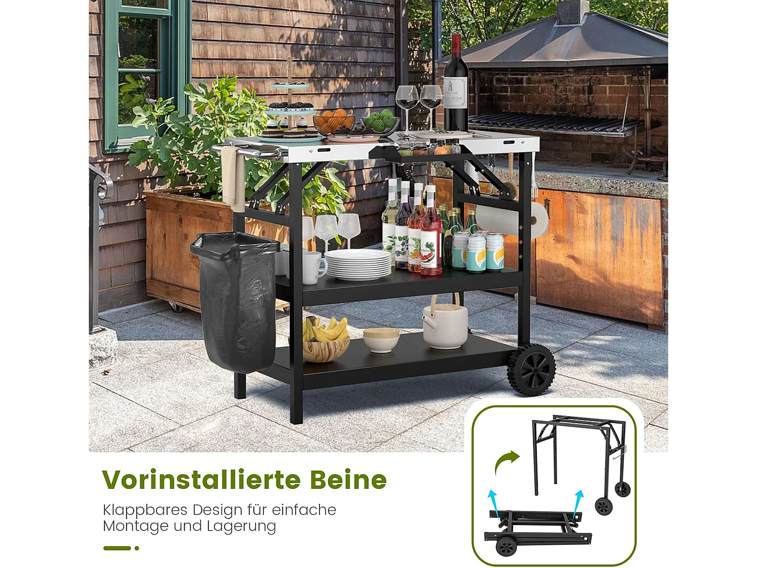 Grilltafel met 3 planken, grillwagen, telefoonstandaard, kruidenrek, handdoekhouder, zakdoekhouder en haken, outdoor serveerwagen bijzettafel ZB32034