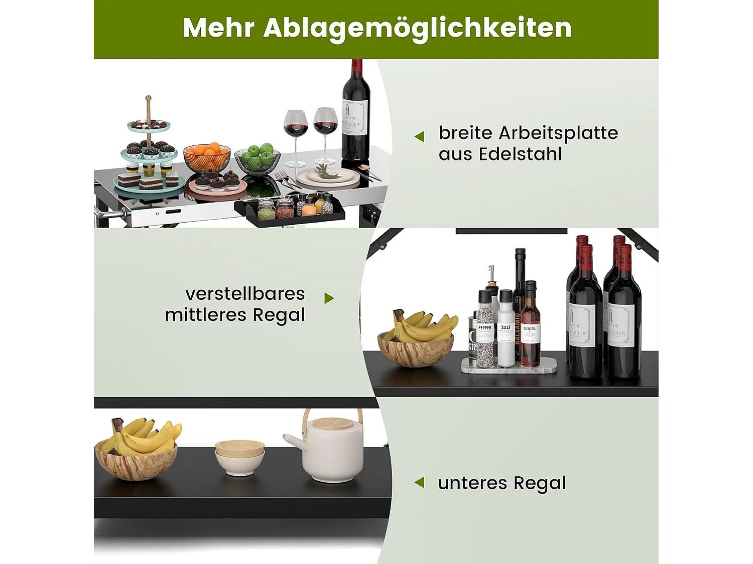 Grilltafel met 3 planken, grillwagen, telefoonstandaard, kruidenrek, handdoekhouder, zakdoekhouder en haken, outdoor serveerwagen bijzettafel ZB32034