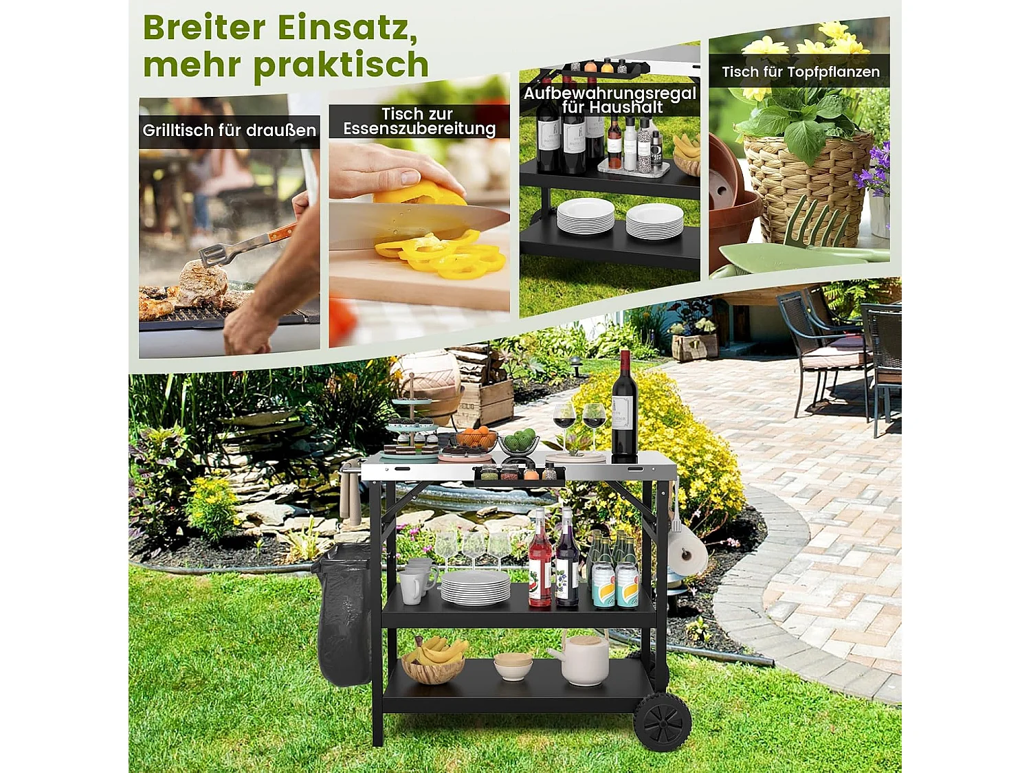 Grilltafel met 3 planken, grillwagen, telefoonstandaard, kruidenrek, handdoekhouder, zakdoekhouder en haken, outdoor serveerwagen bijzettafel ZB32034