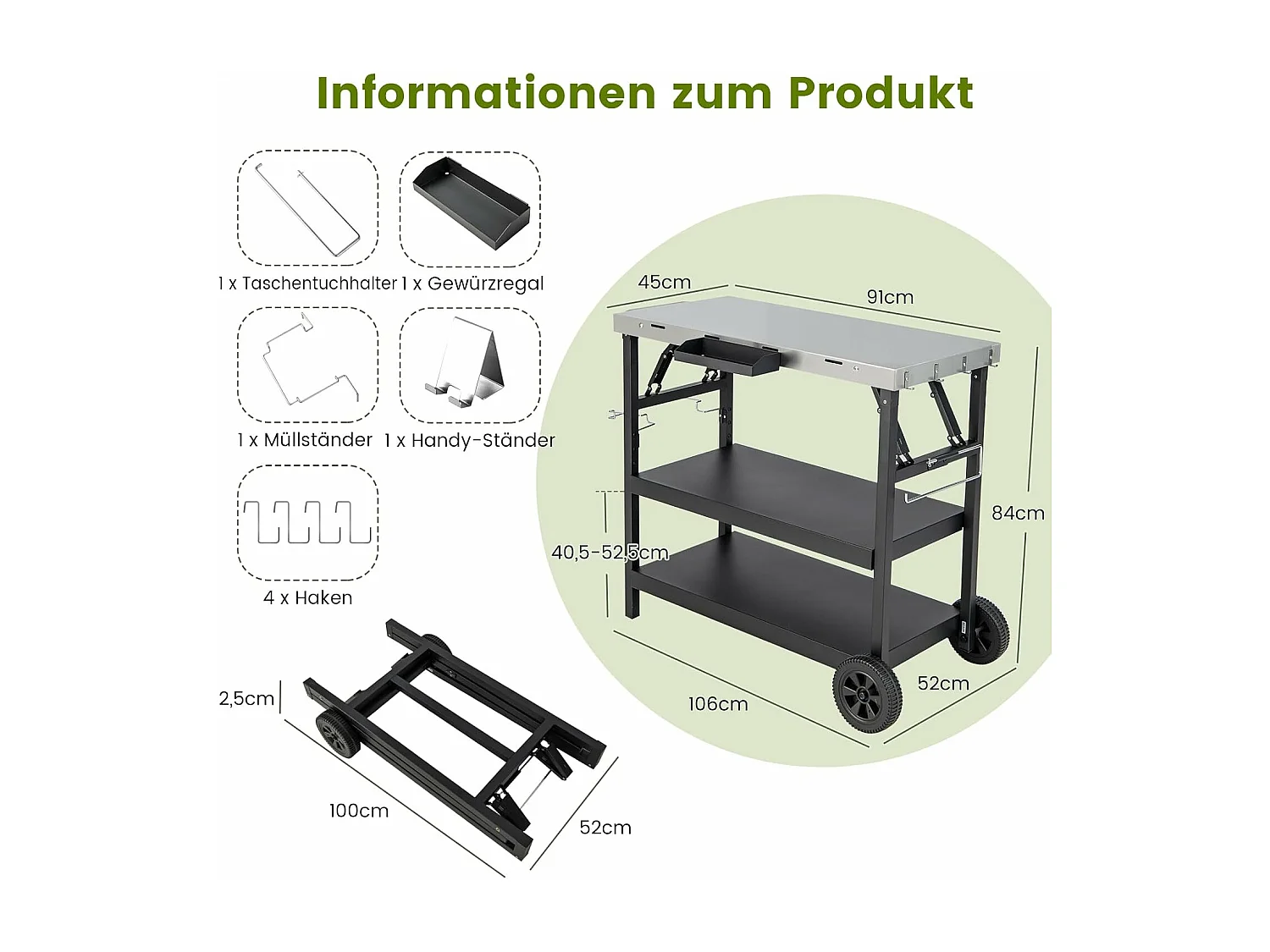 Grilltafel met 3 planken, grillwagen, telefoonstandaard, kruidenrek, handdoekhouder, zakdoekhouder en haken, outdoor serveerwagen bijzettafel ZB32034