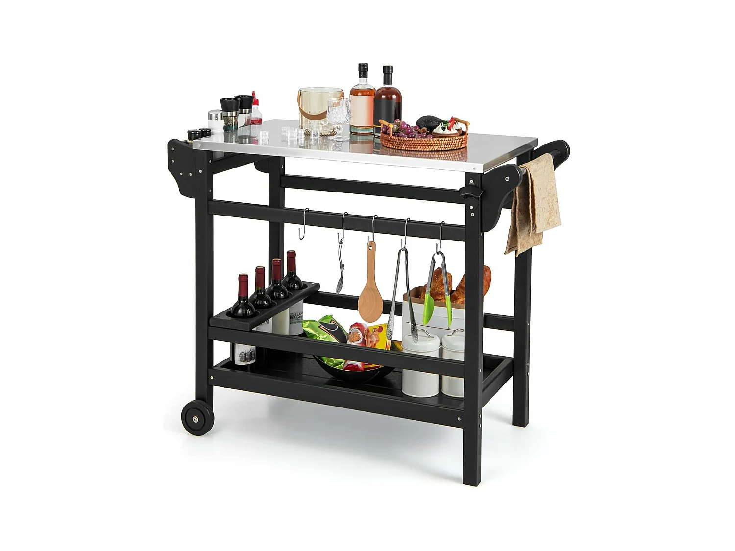 Grillwagen van HDPE, grilltafel, wijnflessenrek, handvat & 2 wielen, werkblad, outdoor serveerwagen, weerbestendige bijzettafel voor tuin, terras ZB33777