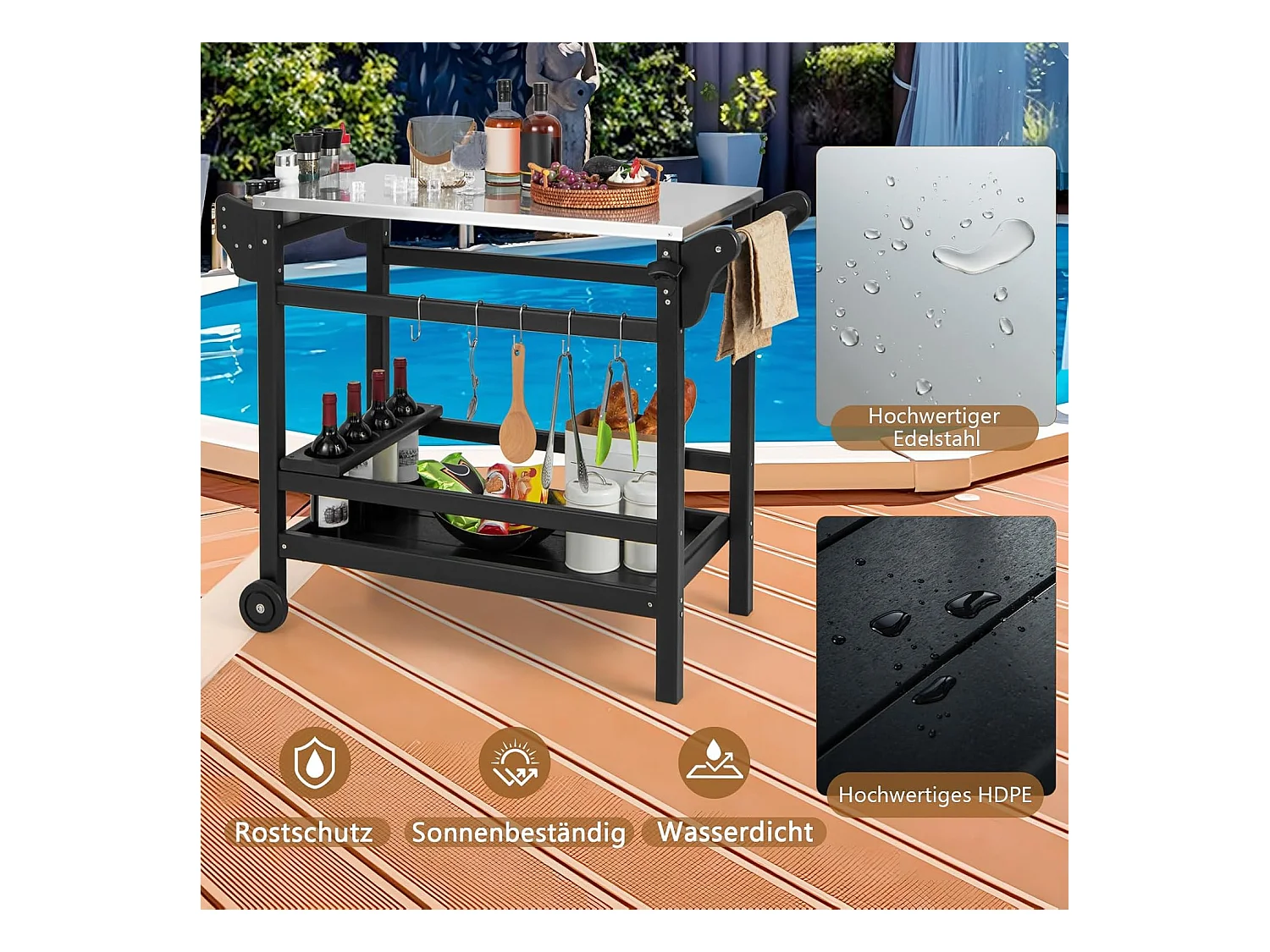 Grillwagen van HDPE, grilltafel, wijnflessenrek, handvat & 2 wielen, werkblad, outdoor serveerwagen, weerbestendige bijzettafel voor tuin, terras ZB33777