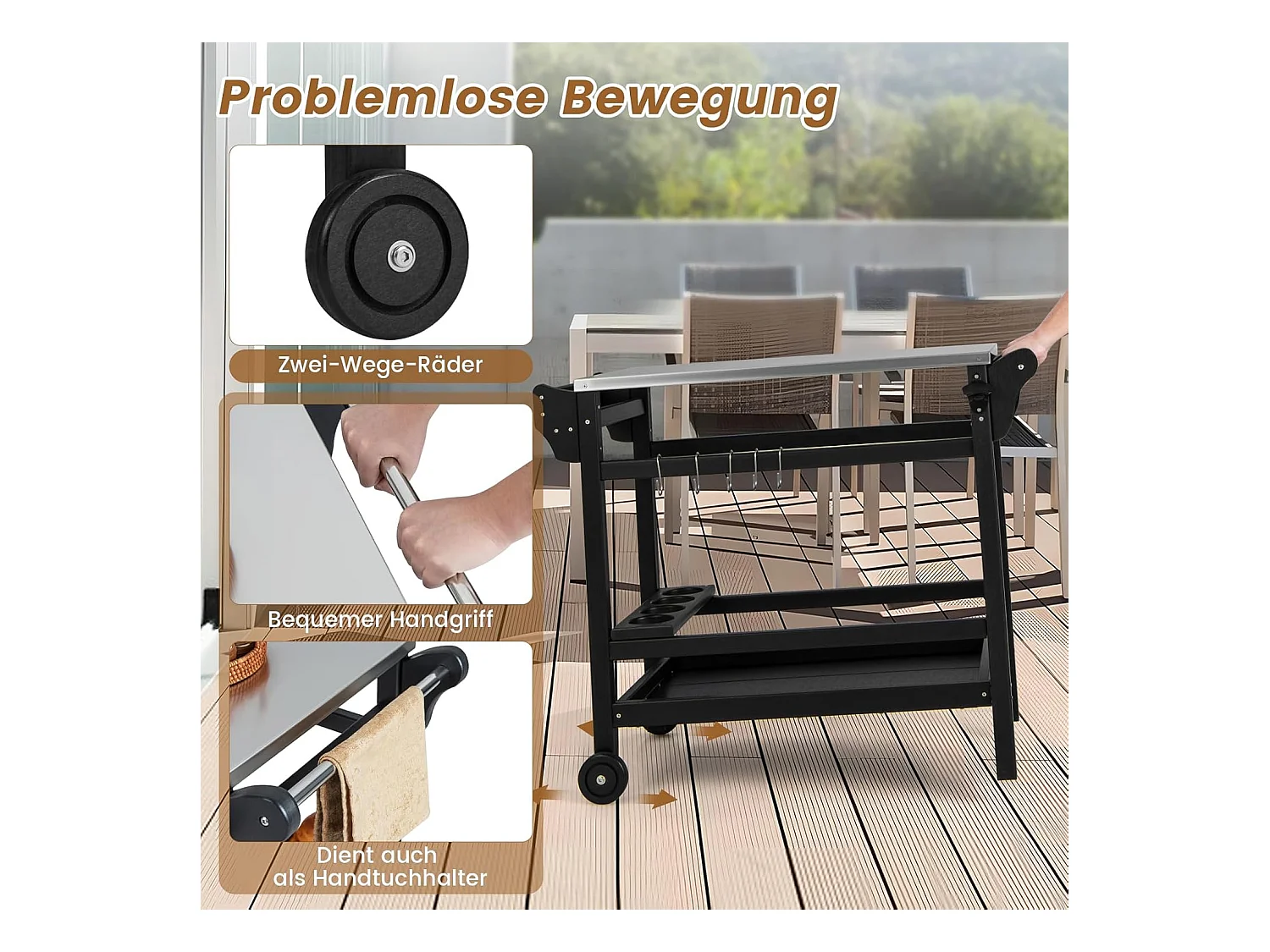 Grillwagen van HDPE, grilltafel, wijnflessenrek, handvat & 2 wielen, werkblad, outdoor serveerwagen, weerbestendige bijzettafel voor tuin, terras ZB33777