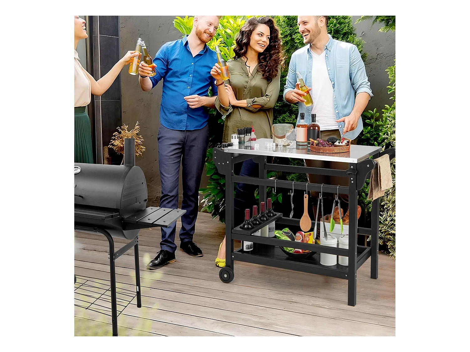 Grillwagen van HDPE, grilltafel, wijnflessenrek, handvat & 2 wielen, werkblad, outdoor serveerwagen, weerbestendige bijzettafel voor tuin, terras ZB33777