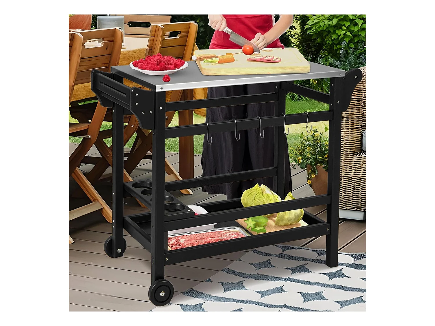 Grillwagen van HDPE, grilltafel, wijnflessenrek, handvat & 2 wielen, werkblad, outdoor serveerwagen, weerbestendige bijzettafel voor tuin, terras ZB33777