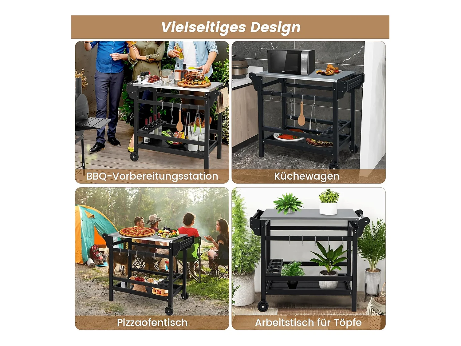 Grillwagen van HDPE, grilltafel, wijnflessenrek, handvat & 2 wielen, werkblad, outdoor serveerwagen, weerbestendige bijzettafel voor tuin, terras ZB33777