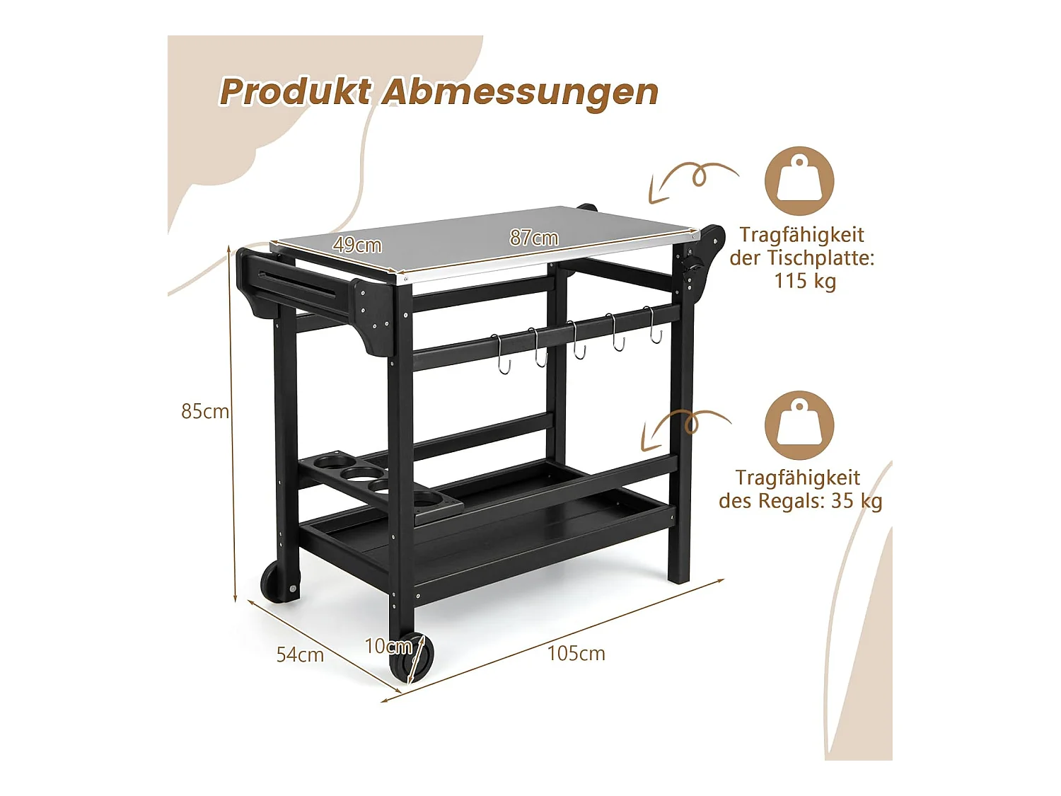 Grillwagen van HDPE, grilltafel, wijnflessenrek, handvat & 2 wielen, werkblad, outdoor serveerwagen, weerbestendige bijzettafel voor tuin, terras ZB33777