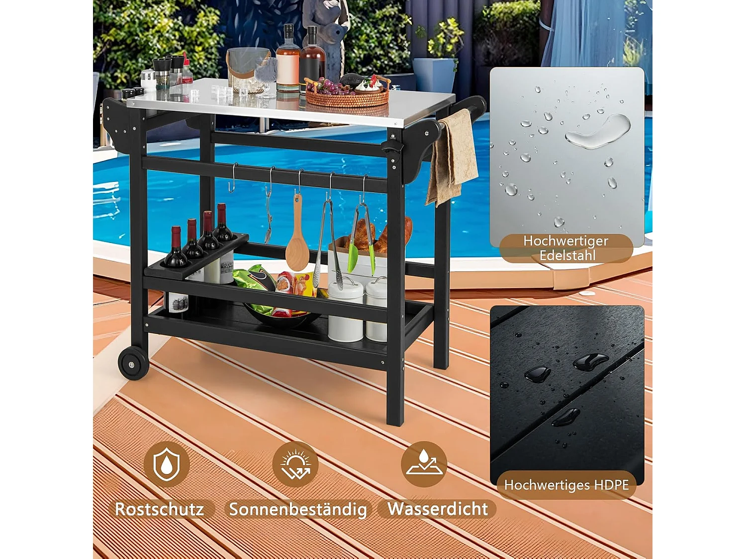 Grillwagen van HDPE, grilltafel, wijnflessenrek, handvat & 2 wielen, werkblad, outdoor serveerwagen, weerbestendige bijzettafel voor tuin, terras ZB33777