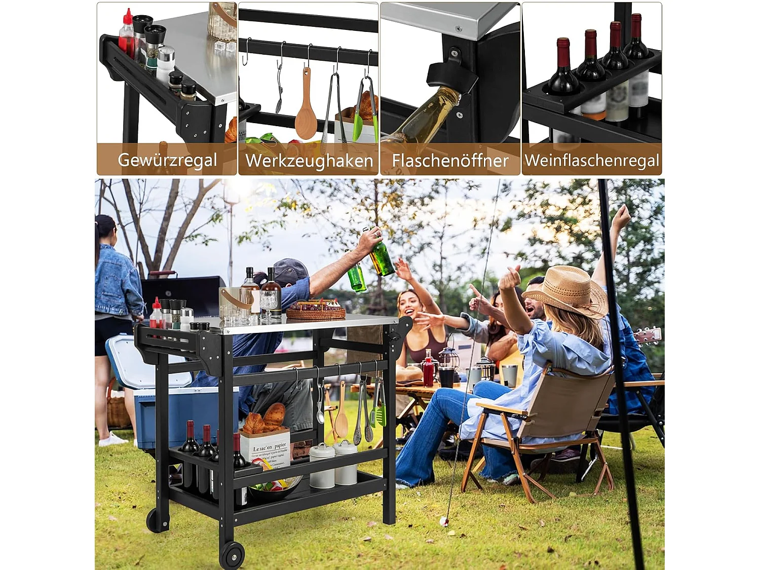 Grillwagen van HDPE, grilltafel, wijnflessenrek, handvat & 2 wielen, werkblad, outdoor serveerwagen, weerbestendige bijzettafel voor tuin, terras ZB33777