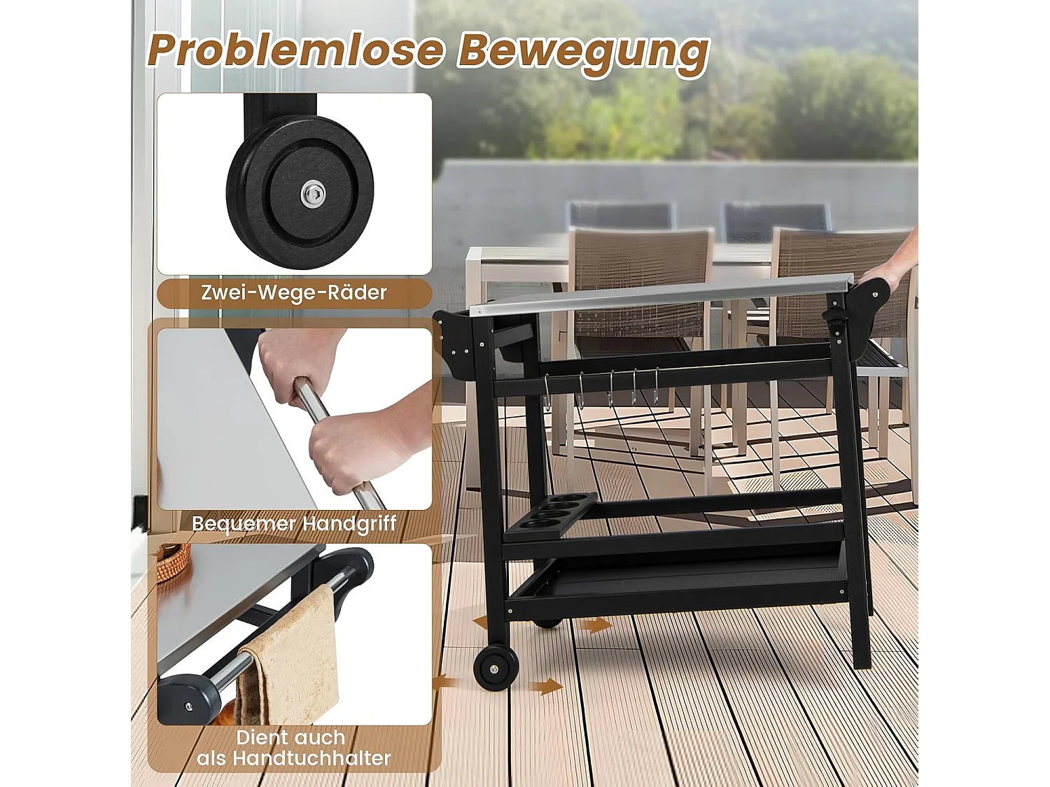 Grillwagen van HDPE, grilltafel, wijnflessenrek, handvat & 2 wielen, werkblad, outdoor serveerwagen, weerbestendige bijzettafel voor tuin, terras ZB33777