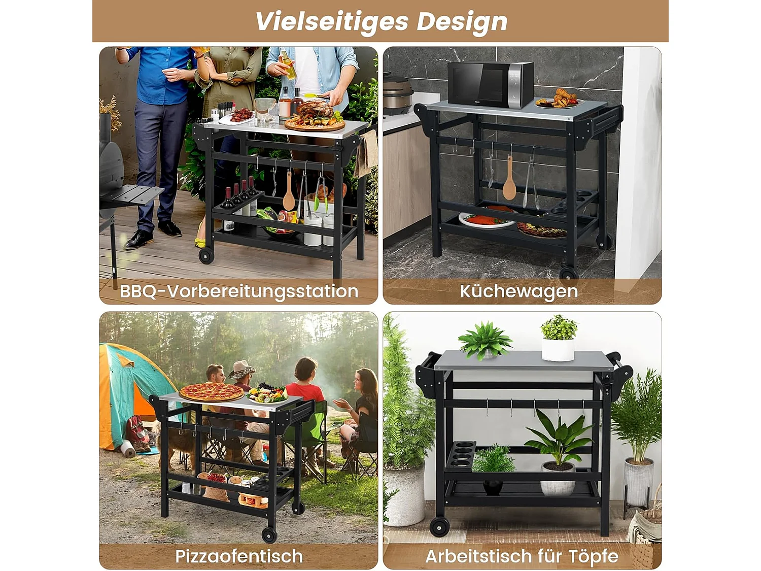 Grillwagen van HDPE, grilltafel, wijnflessenrek, handvat & 2 wielen, werkblad, outdoor serveerwagen, weerbestendige bijzettafel voor tuin, terras ZB33777