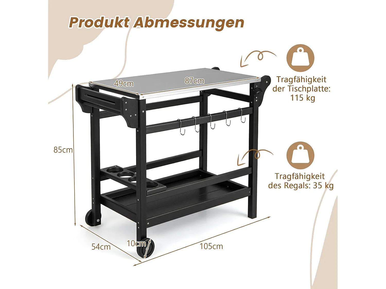 Grillwagen van HDPE, grilltafel, wijnflessenrek, handvat & 2 wielen, werkblad, outdoor serveerwagen, weerbestendige bijzettafel voor tuin, terras ZB33777