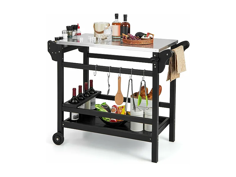 Grillwagen van HDPE, grilltafel, wijnflessenrek, handvat & 2 wielen, werkblad, outdoor serveerwagen, weerbestendige bijzettafel voor tuin, terras ZB33777