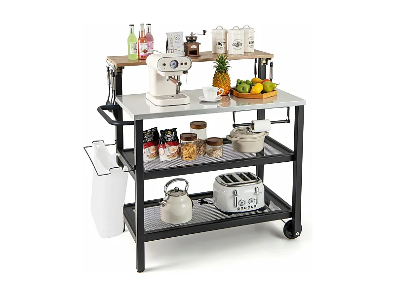 Grillwagen met opklapbare tafel, grilltafel, handdoekhouder, vuilniszakhouder en 2 planken, outdoor serveerwagen, grill bijzettafel, pizzaovenstandaard, rolwagen