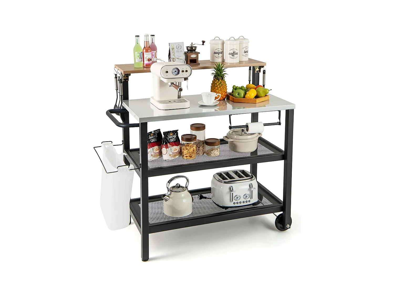 Grillwagen met opklapbare tafel, grilltafel, handdoekhouder, vuilniszakhouder en 2 planken, outdoor serveerwagen, grill bijzettafel, pizzaovenstandaard, rolwagen