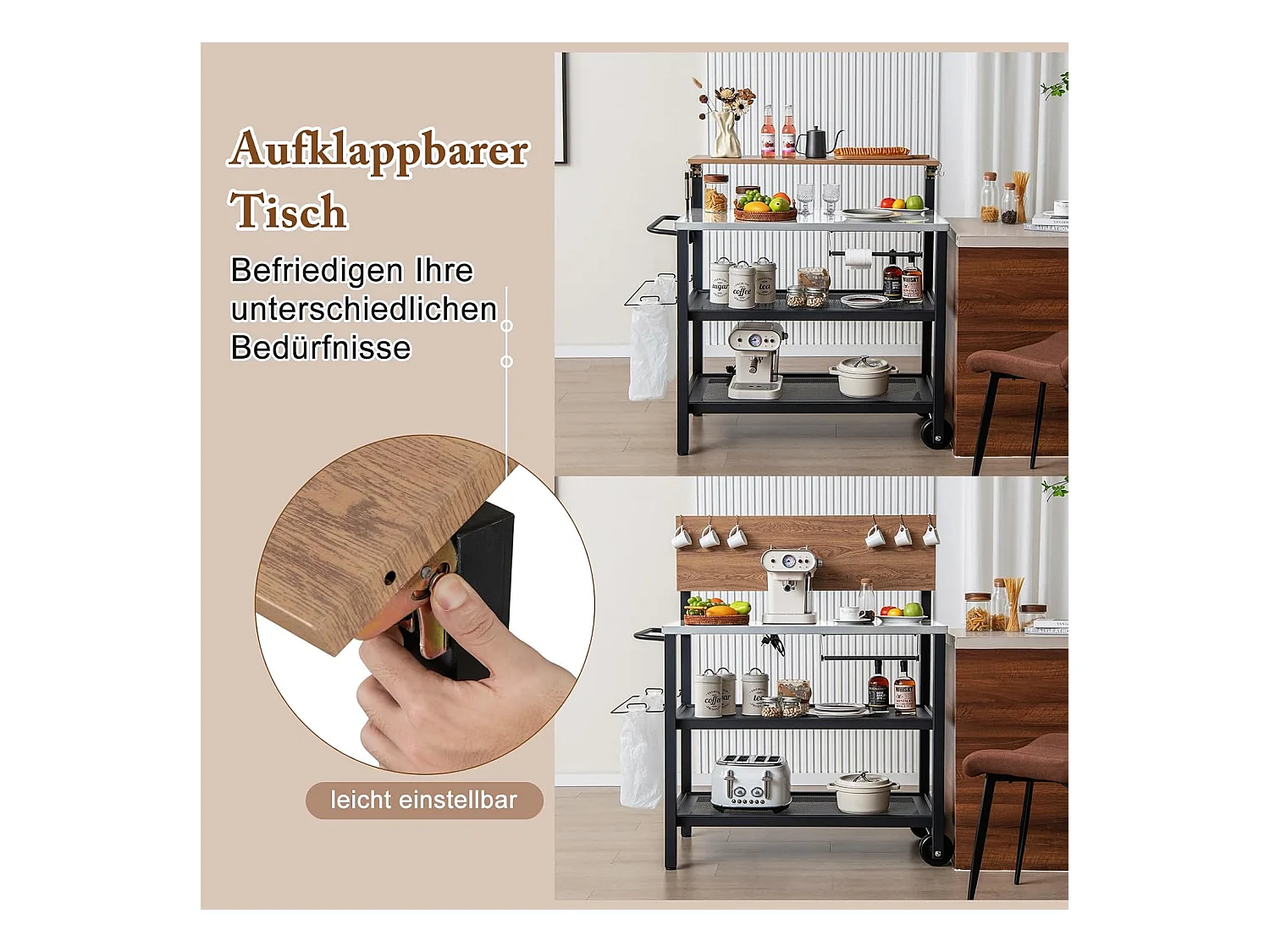 Grillwagen met opklapbare tafel, grilltafel, handdoekhouder, vuilniszakhouder en 2 planken, outdoor serveerwagen, grill bijzettafel, pizzaovenstandaard, rolwagen