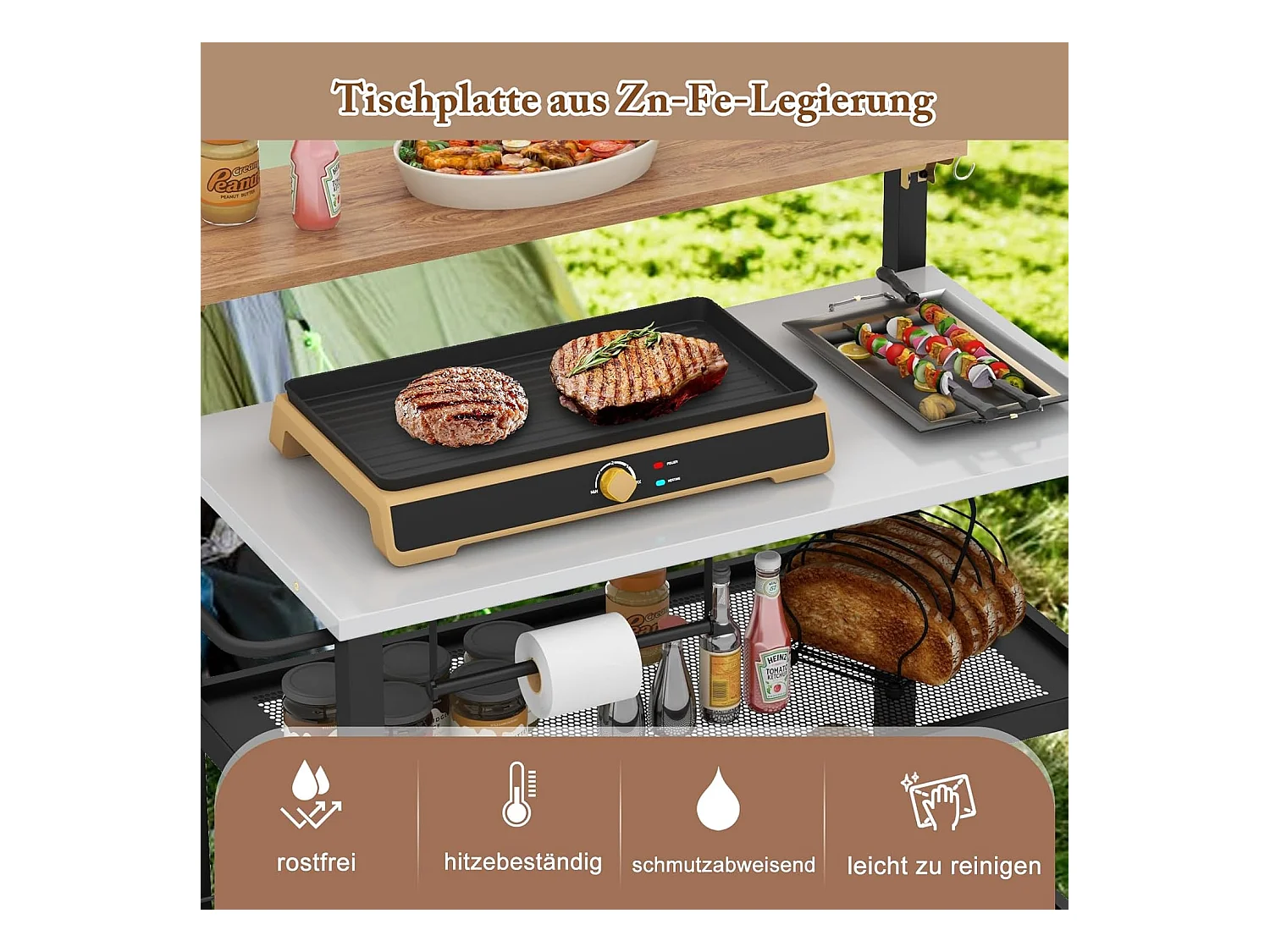 Grillwagen met opklapbare tafel, grilltafel, handdoekhouder, vuilniszakhouder en 2 planken, outdoor serveerwagen, grill bijzettafel, pizzaovenstandaard, rolwagen
