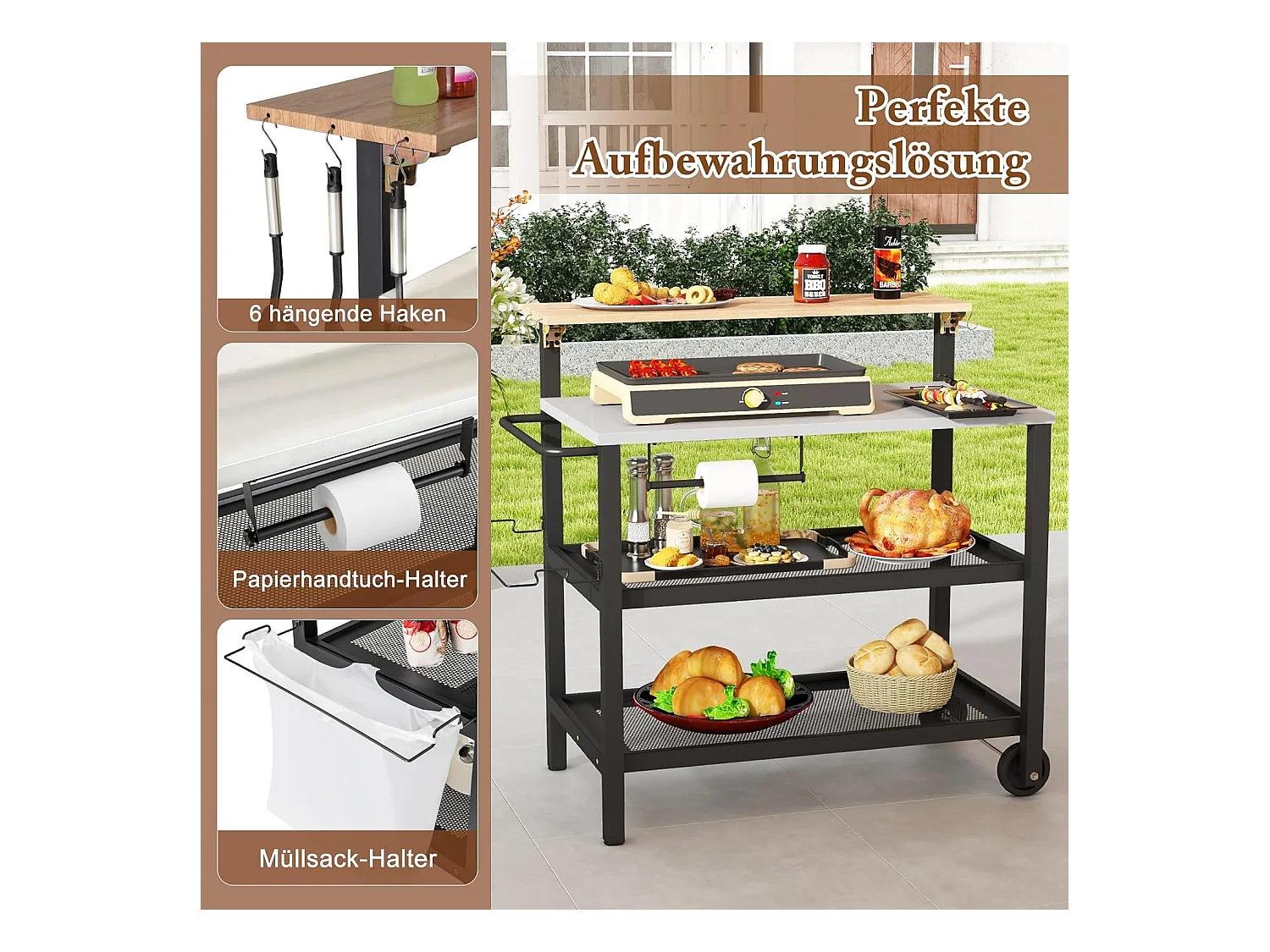 Grillwagen met opklapbare tafel, grilltafel, handdoekhouder, vuilniszakhouder en 2 planken, outdoor serveerwagen, grill bijzettafel, pizzaovenstandaard, rolwagen