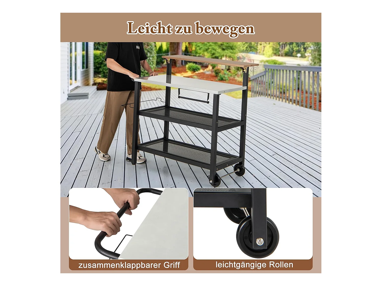 Grillwagen met opklapbare tafel, grilltafel, handdoekhouder, vuilniszakhouder en 2 planken, outdoor serveerwagen, grill bijzettafel, pizzaovenstandaard, rolwagen