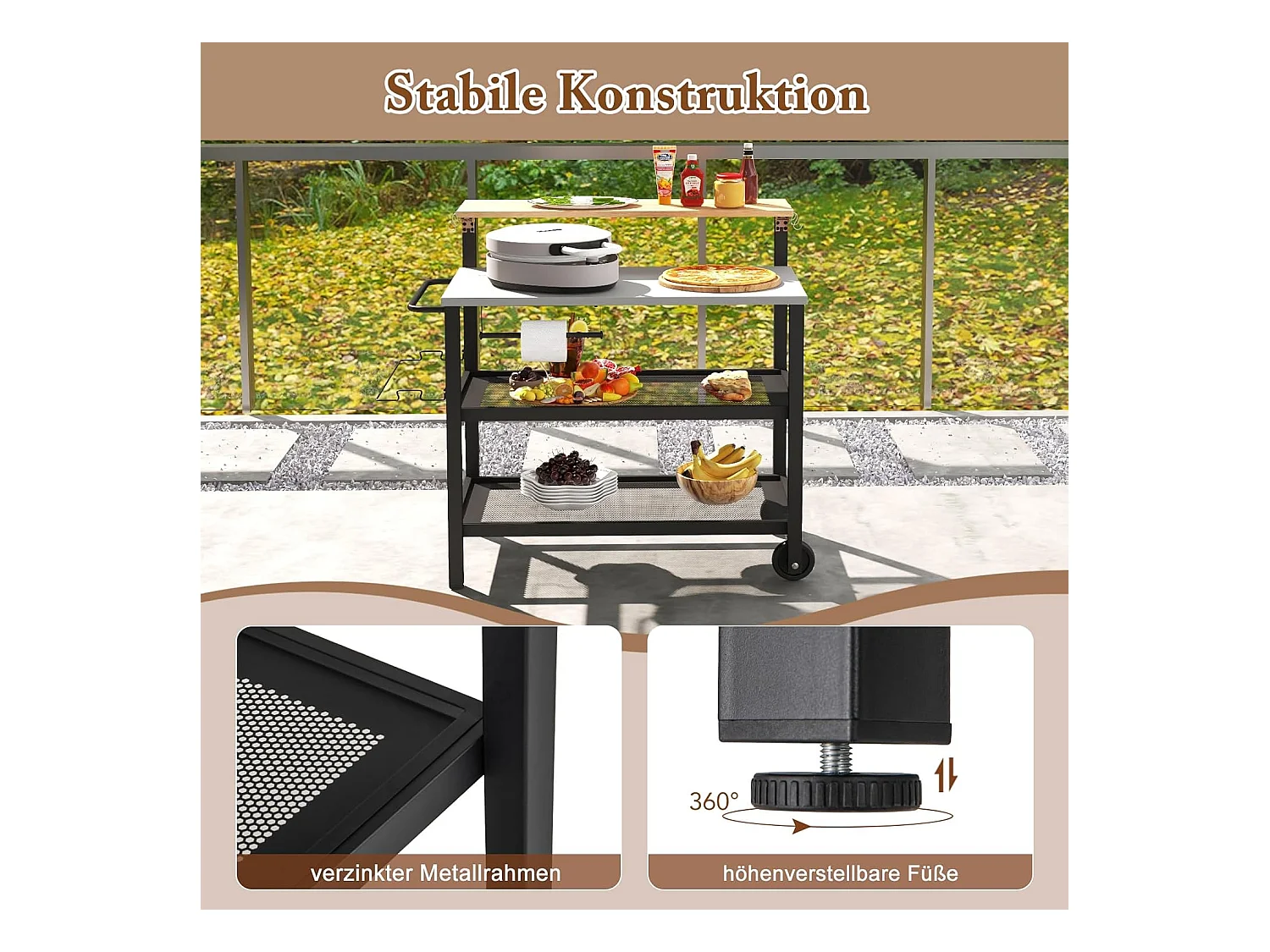 Grillwagen met opklapbare tafel, grilltafel, handdoekhouder, vuilniszakhouder en 2 planken, outdoor serveerwagen, grill bijzettafel, pizzaovenstandaard, rolwagen