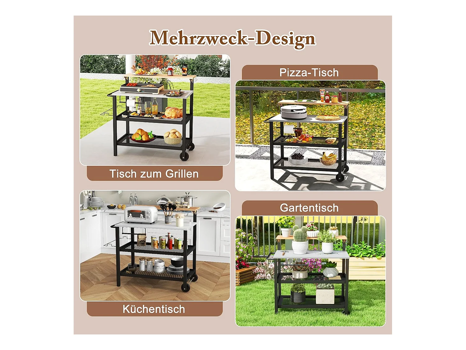 Grillwagen met opklapbare tafel, grilltafel, handdoekhouder, vuilniszakhouder en 2 planken, outdoor serveerwagen, grill bijzettafel, pizzaovenstandaard, rolwagen