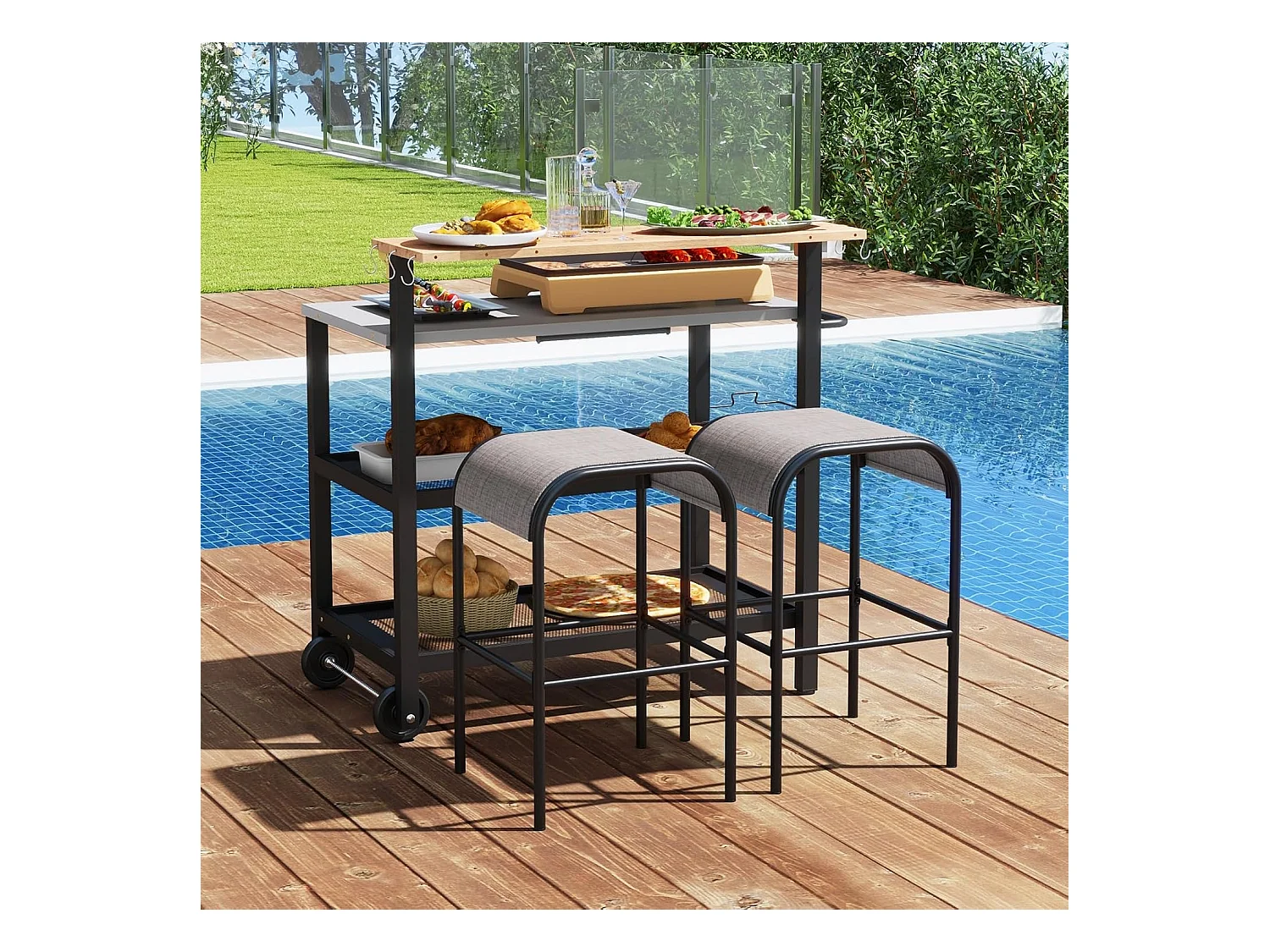 Grillwagen met opklapbare tafel, grilltafel, handdoekhouder, vuilniszakhouder en 2 planken, outdoor serveerwagen, grill bijzettafel, pizzaovenstandaard, rolwagen