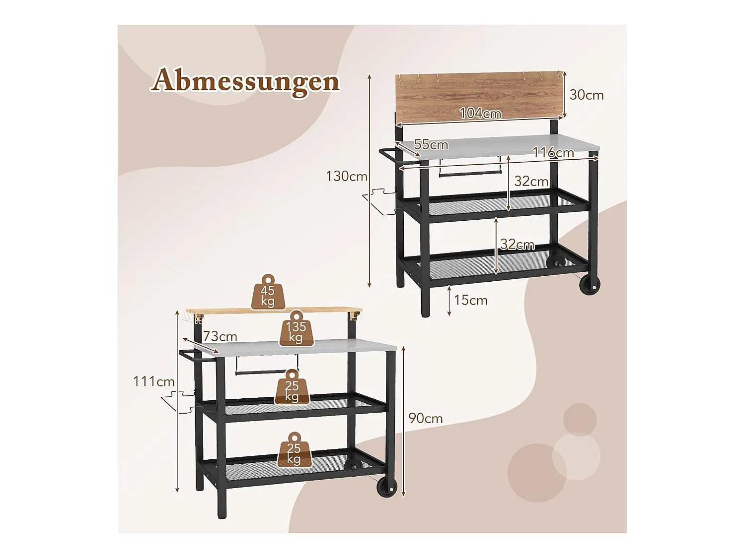 Grillwagen met opklapbare tafel, grilltafel, handdoekhouder, vuilniszakhouder en 2 planken, outdoor serveerwagen, grill bijzettafel, pizzaovenstandaard, rolwagen