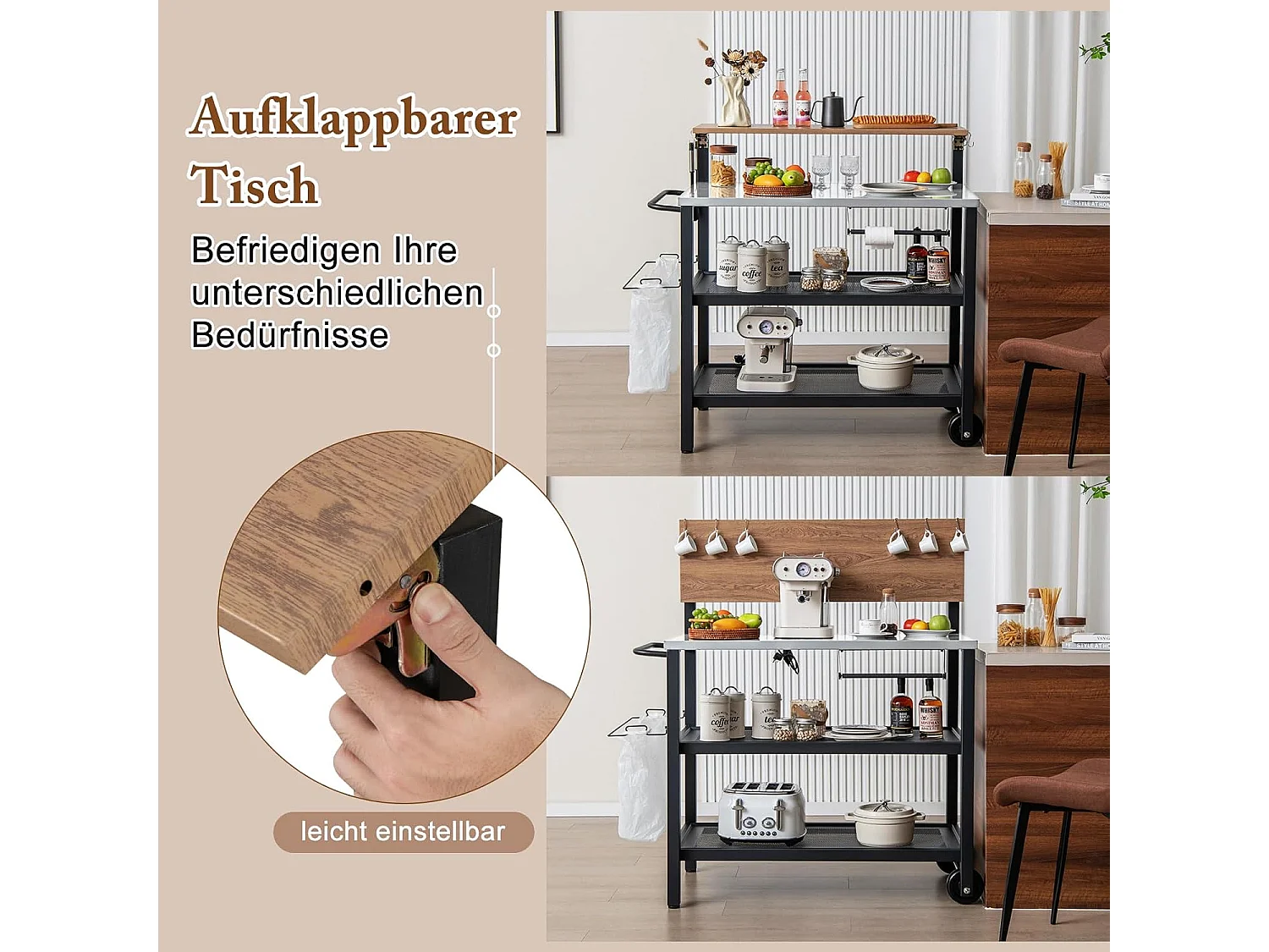 Grillwagen met opklapbare tafel, grilltafel, handdoekhouder, vuilniszakhouder en 2 planken, outdoor serveerwagen, grill bijzettafel, pizzaovenstandaard, rolwagen