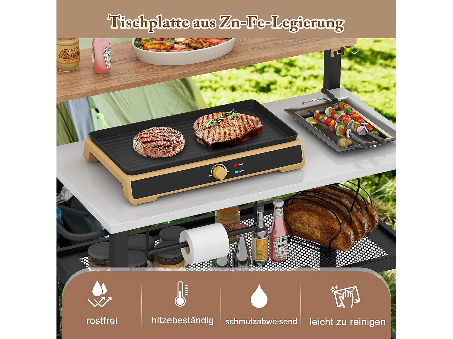 Grillwagen met opklapbare tafel, grilltafel, handdoekhouder, vuilniszakhouder en 2 planken, outdoor serveerwagen, grill bijzettafel, pizzaovenstandaard, rolwagen