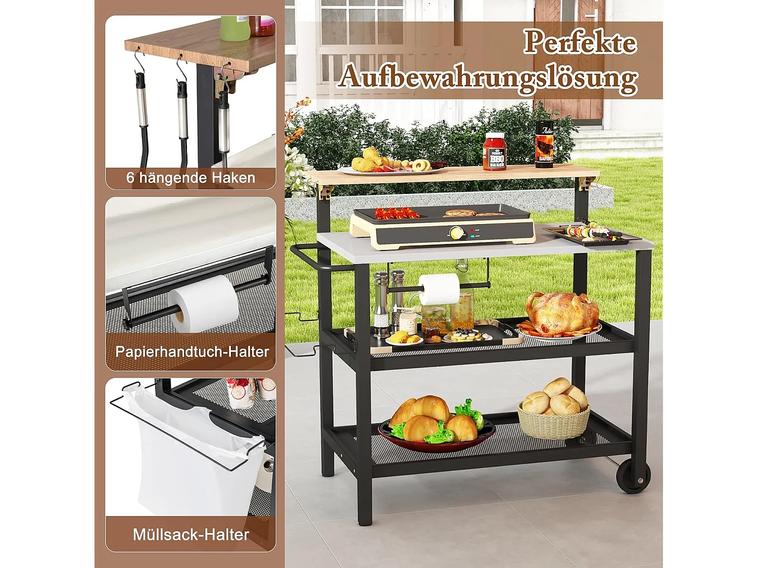 Grillwagen met opklapbare tafel, grilltafel, handdoekhouder, vuilniszakhouder en 2 planken, outdoor serveerwagen, grill bijzettafel, pizzaovenstandaard, rolwagen