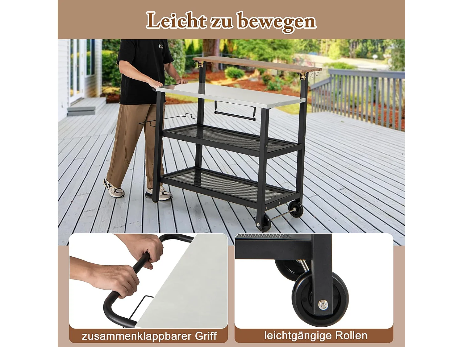 Grillwagen met opklapbare tafel, grilltafel, handdoekhouder, vuilniszakhouder en 2 planken, outdoor serveerwagen, grill bijzettafel, pizzaovenstandaard, rolwagen